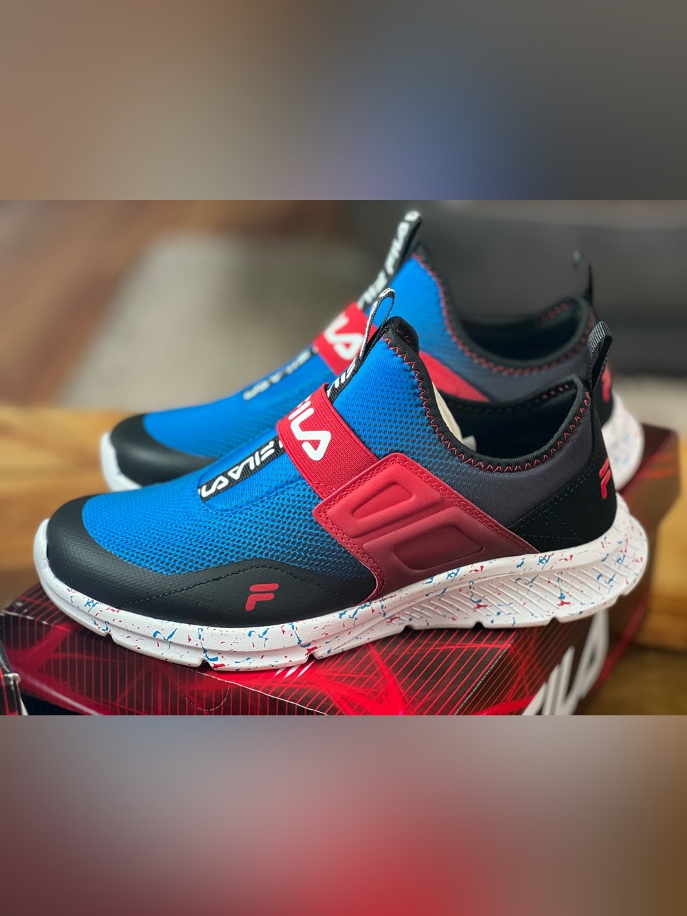 Fila Kids Blue and Red Slip-On Sneakers with Speckled White Sole